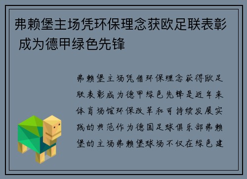 弗赖堡主场凭环保理念获欧足联表彰 成为德甲绿色先锋